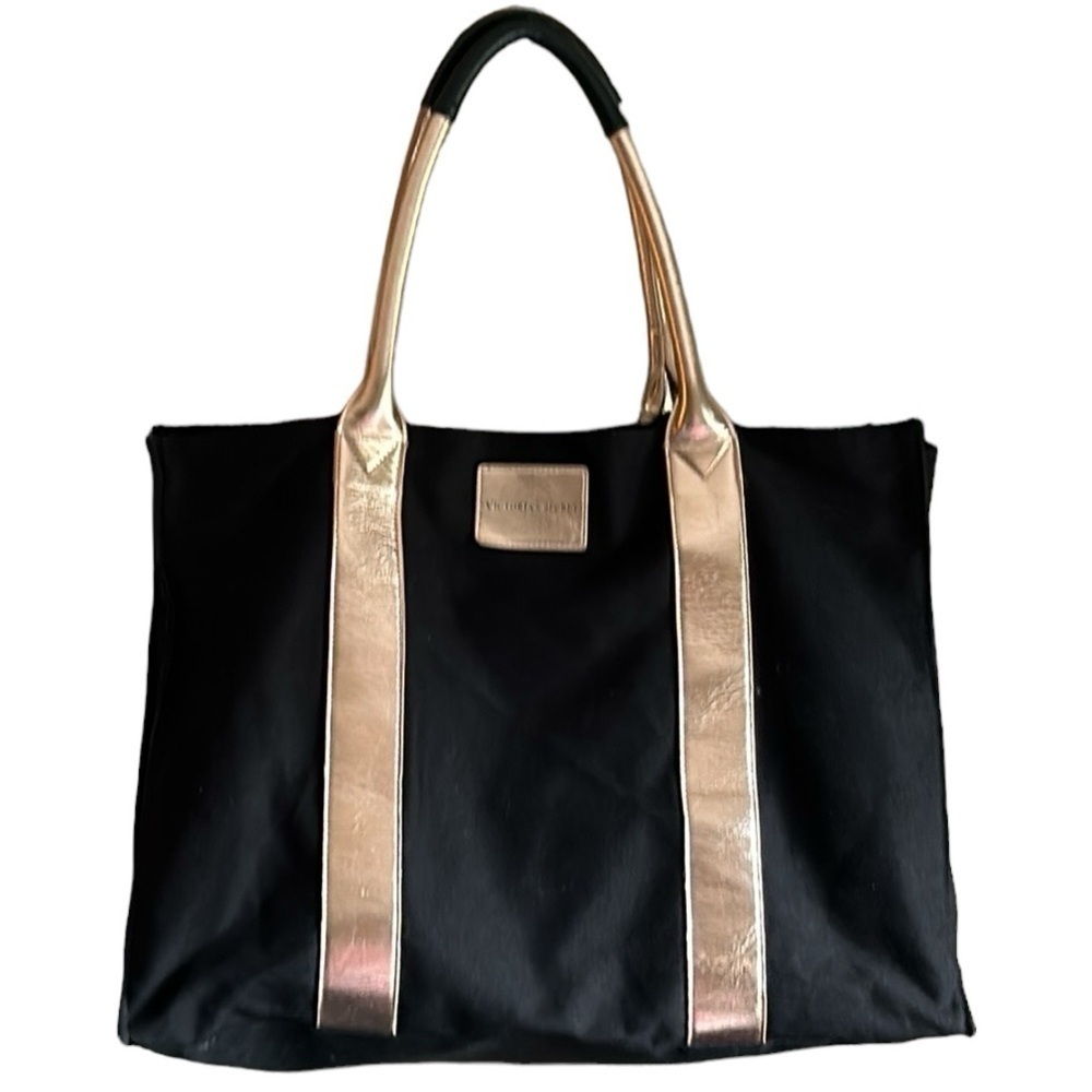 Victoria’s Secret The Weekender Black Canvas Travel Tote Rose Gold Shoulder Bag